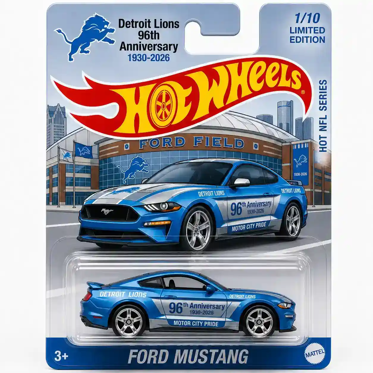 Close up of Hot Wheels Detroit Lions 96th Anniversary Ford Mustang toy in packaging