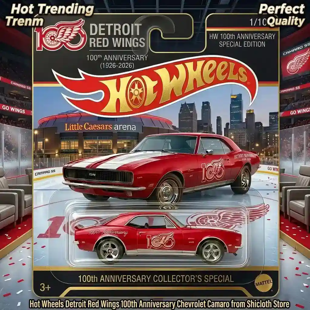 Red Hot Wheels Chevrolet Camaro in Detroit Red Wings 100th Anniversary packaging