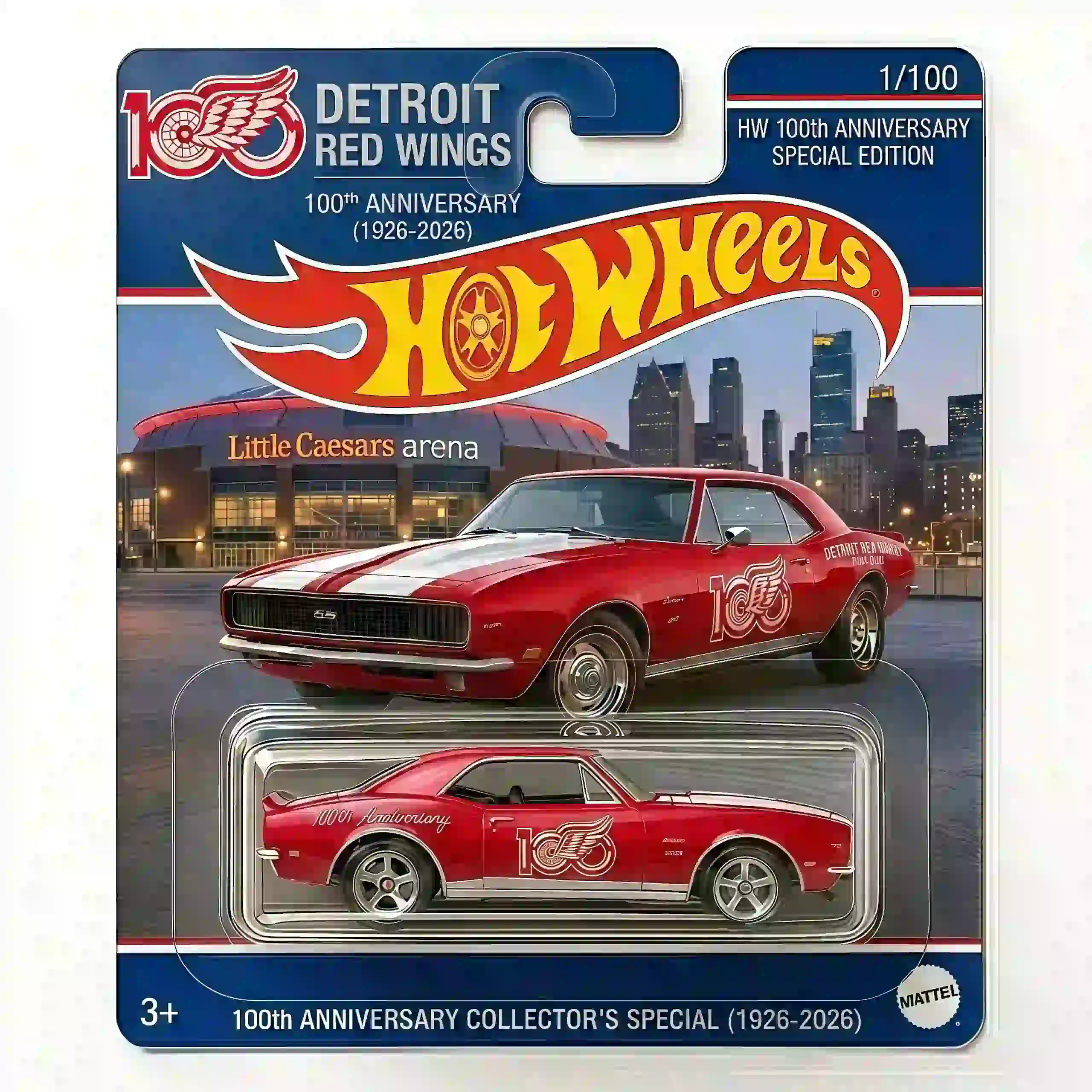 Close-up of Hot Wheels Detroit Red Wings 100th Anniversary Camaro packaging