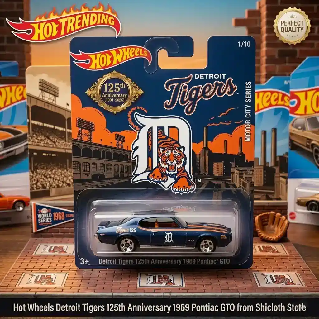 Hot Wheels Detroit Tigers 125th Anniversary 1969 Pontiac GTO packaging front view with baseball themed design