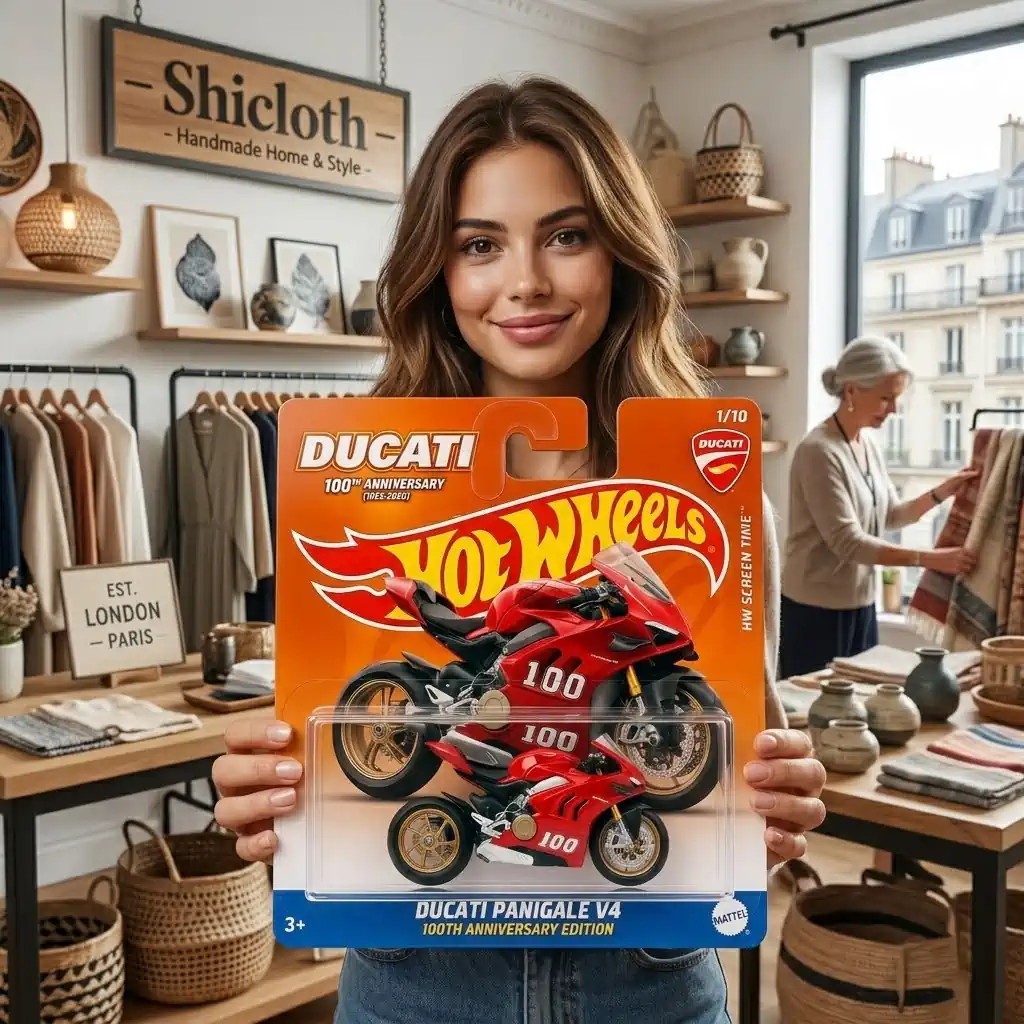 A smiling woman holding a Hot Wheels Ducati Panigale V4 100th Anniversary Edition toy inside Shicloth store.