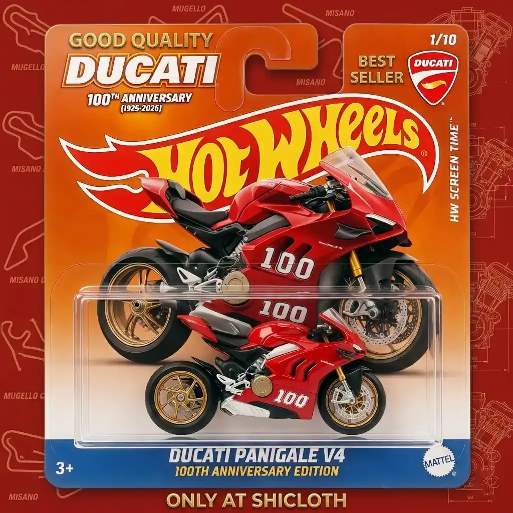 Close up of Hot Wheels Ducati Panigale V4 100th Anniversary packaging with race track background and Shicloth logo.