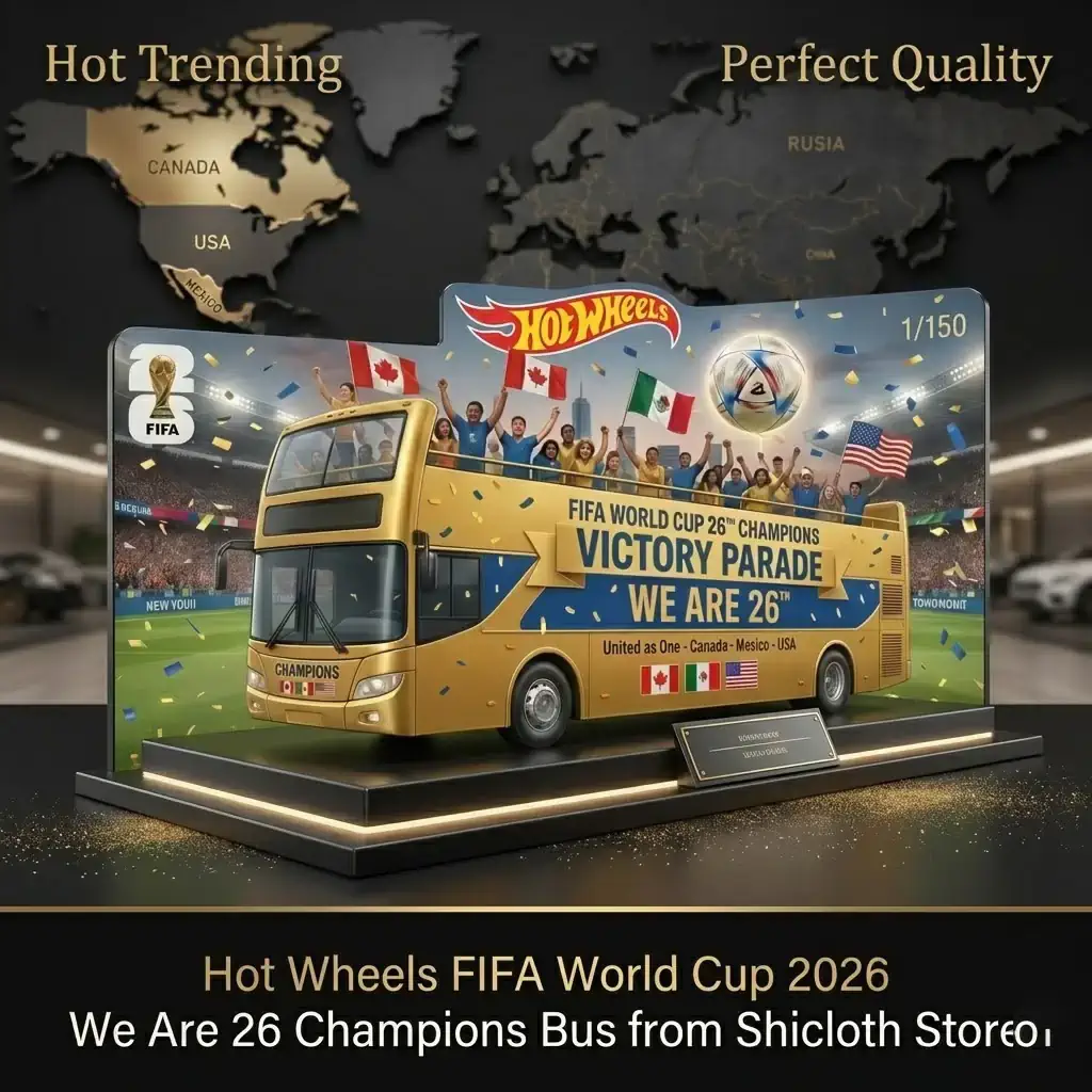 Hot Wheels FIFA World Cup 26 Champions Bus display with Canadian, Mexican, and USA flags