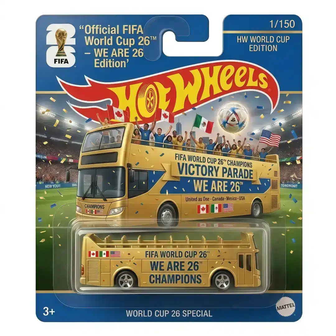 Hot Wheels FIFA World Cup 26 Champions Bus packaged with clear blister card showing Canada Mexico and USA flags