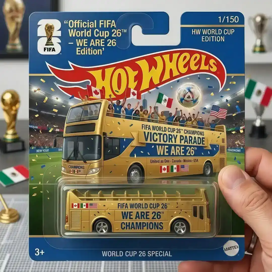 Hot Wheels FIFA World Cup 2026 We Are 26 Champions Bus 3 Hand holding Hot Wheels FIFA World Cup 26 Champions Bus in retail packaging with flags visible