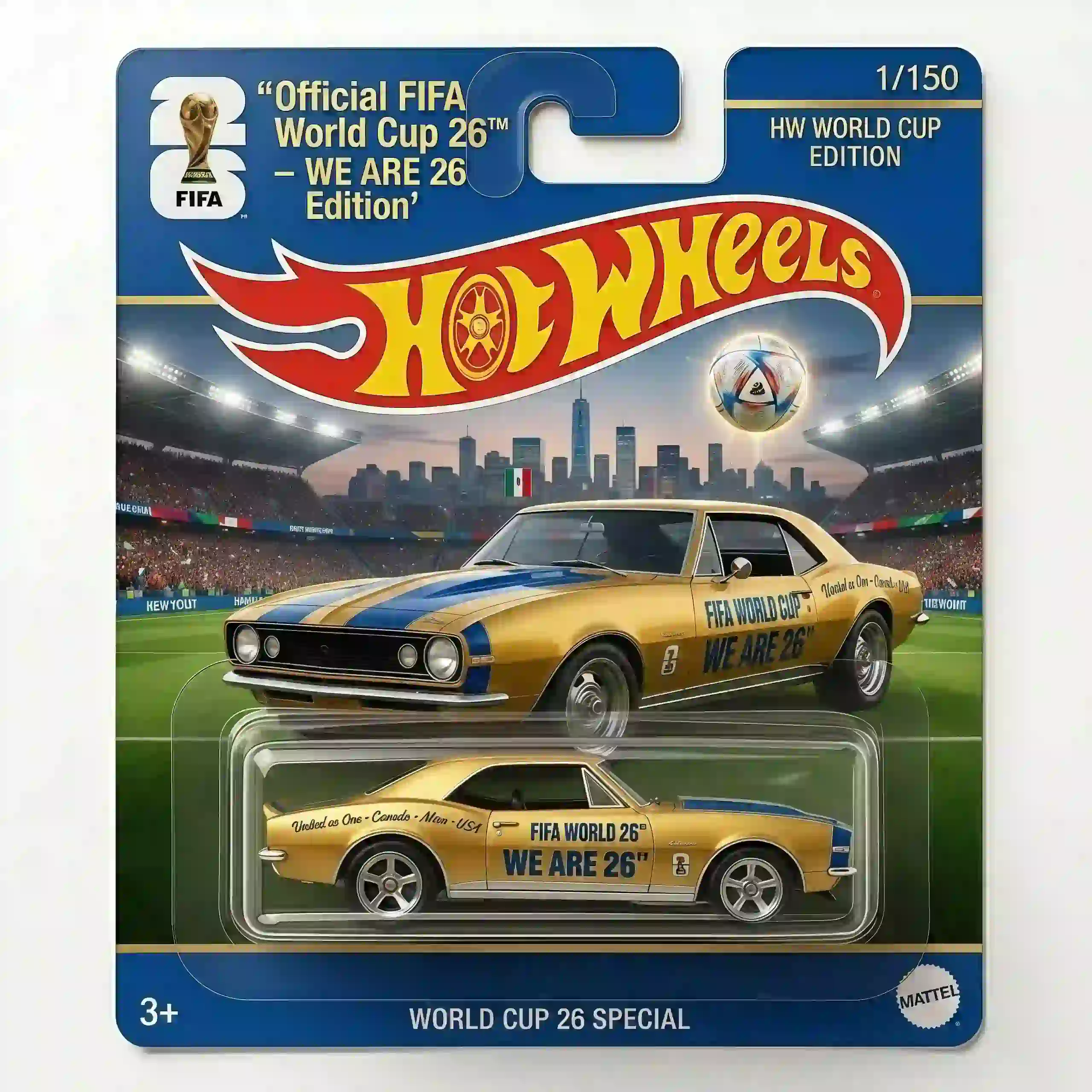 Close up of Hot Wheels FIFA World Cup 26 collector car packaging with detailed design