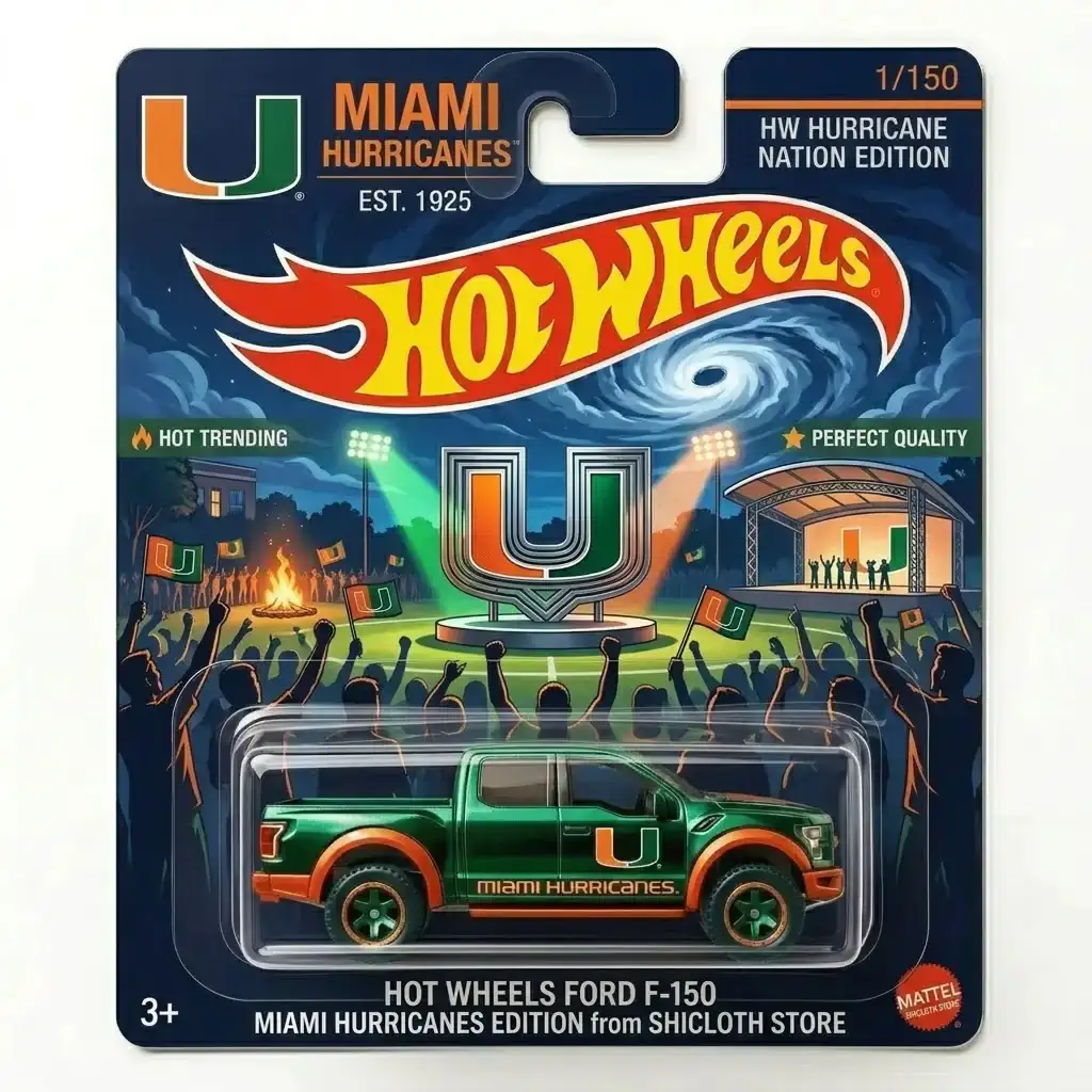 Green and orange Hot Wheels Ford F-150 Miami Hurricanes Edition toy truck in packaging with Shicloth branding and crowd illustration