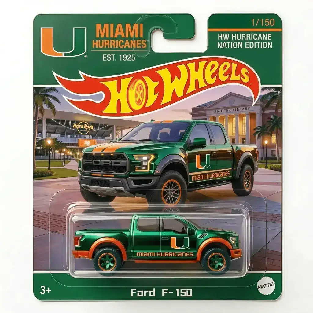 Green and orange Hot Wheels Ford F-150 Miami Hurricanes Edition toy truck in packaging with Hard Rock Stadium and Richter Library in background