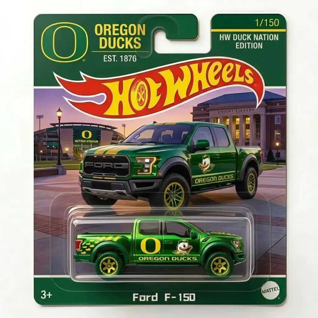 Hot Wheels Ford F-150 Oregon Ducks Edition toy with alternative Shicloth packaging