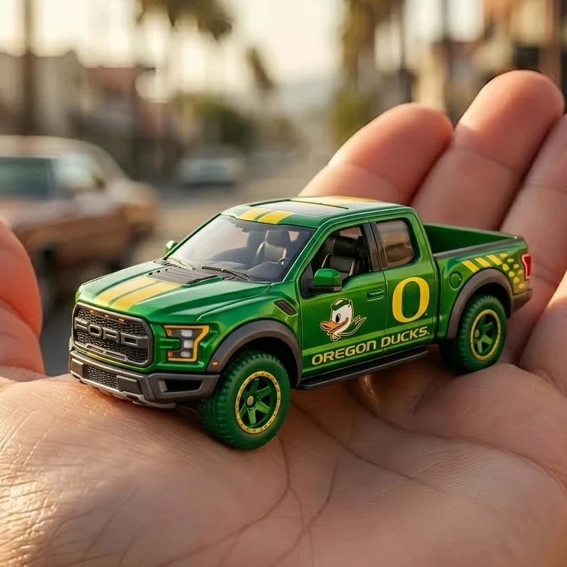 Hot Wheels Ford F-150 Oregon Ducks Edition 3 Hand holding Hot Wheels Ford F-150 Oregon Ducks Edition toy