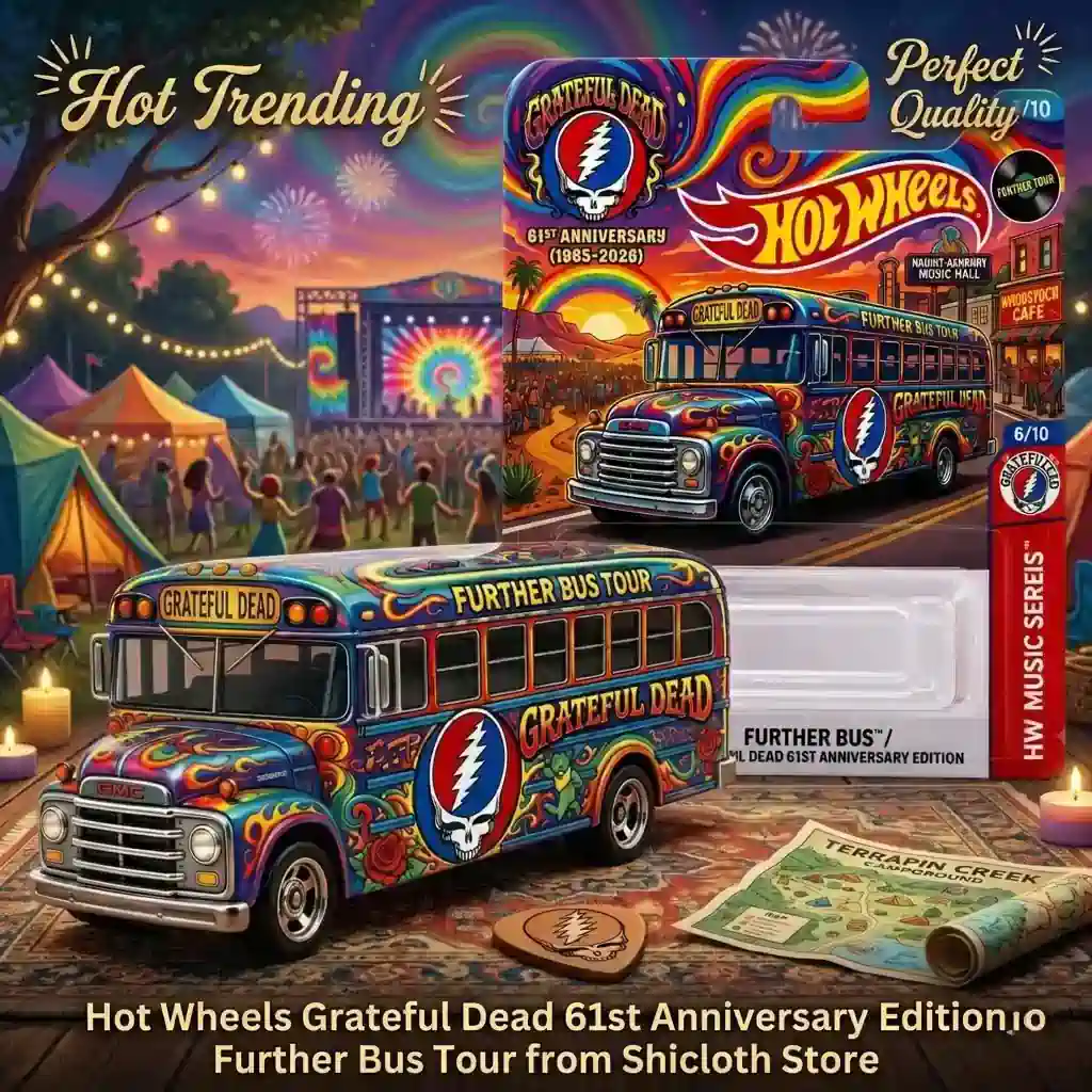 Dragon’s Hoard Coin & Key Tray 100 Hot Wheels Grateful Dead Further Bus Tour collectible bus with colorful festival backdrop