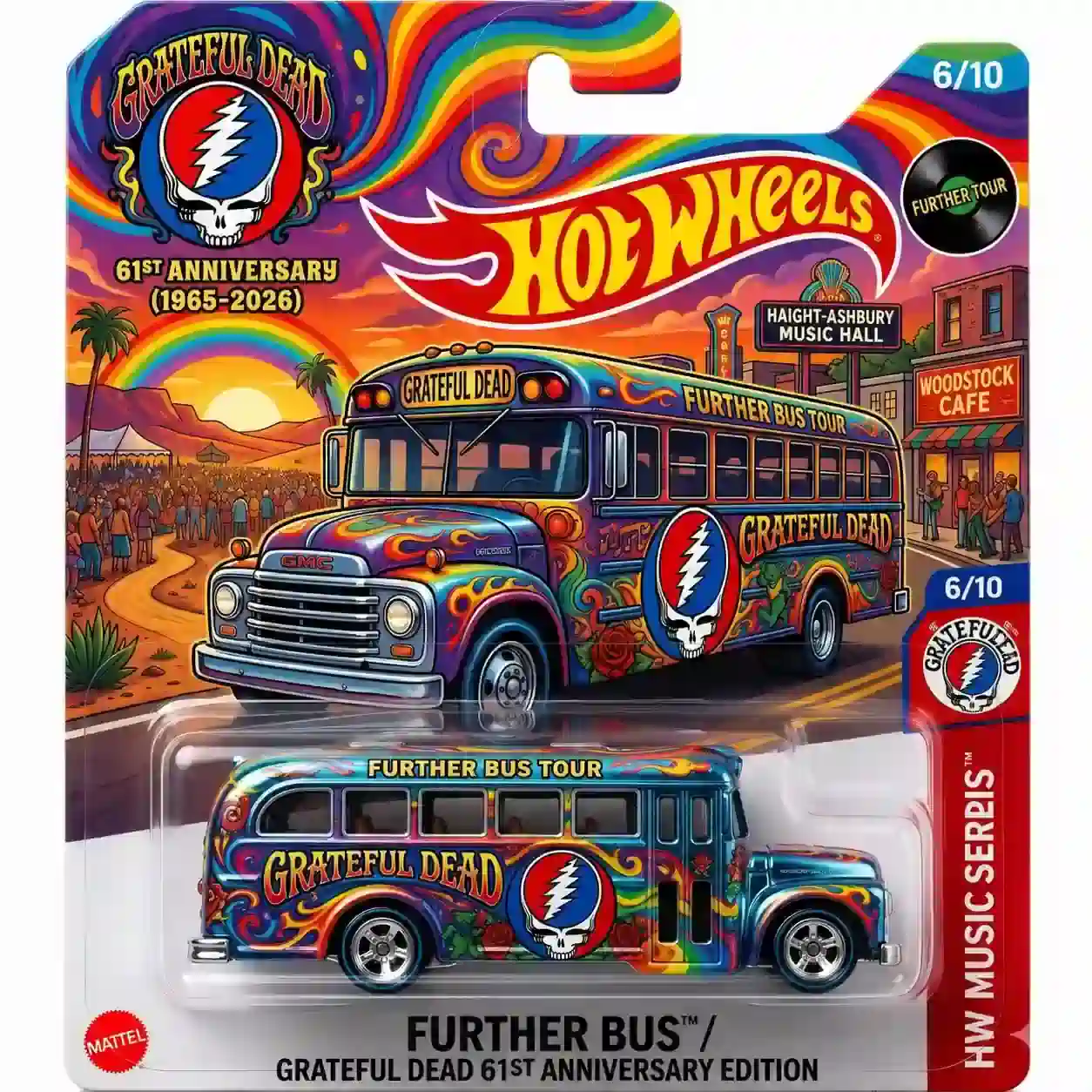 Hot Wheels Grateful Dead Further Bus Tour collectible bus with sunset crowd background