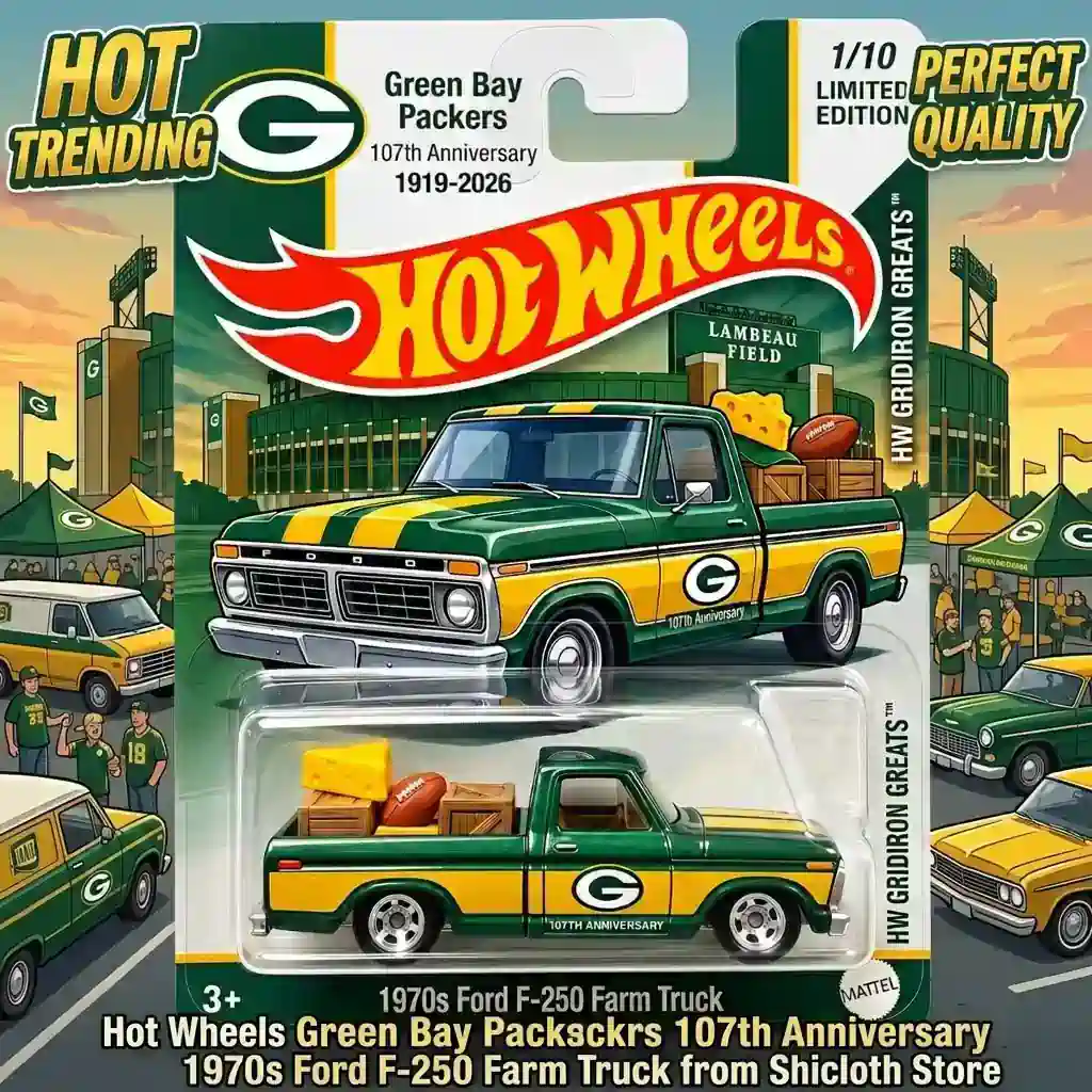 Dragon’s Hoard Coin & Key Tray 98 Hot Wheels Green Bay Packers 107th Anniversary 1970s Ford F-250 Farm Truck in packaging with Lambeau Field background
