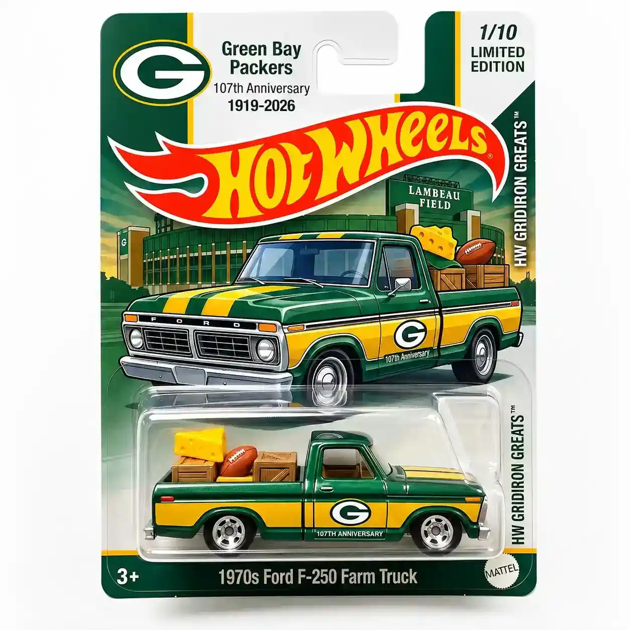 Close up of Hot Wheels Green Bay Packers 107th Anniversary 1970s Ford F-250 Truck in packaging showing detailed paint and decals