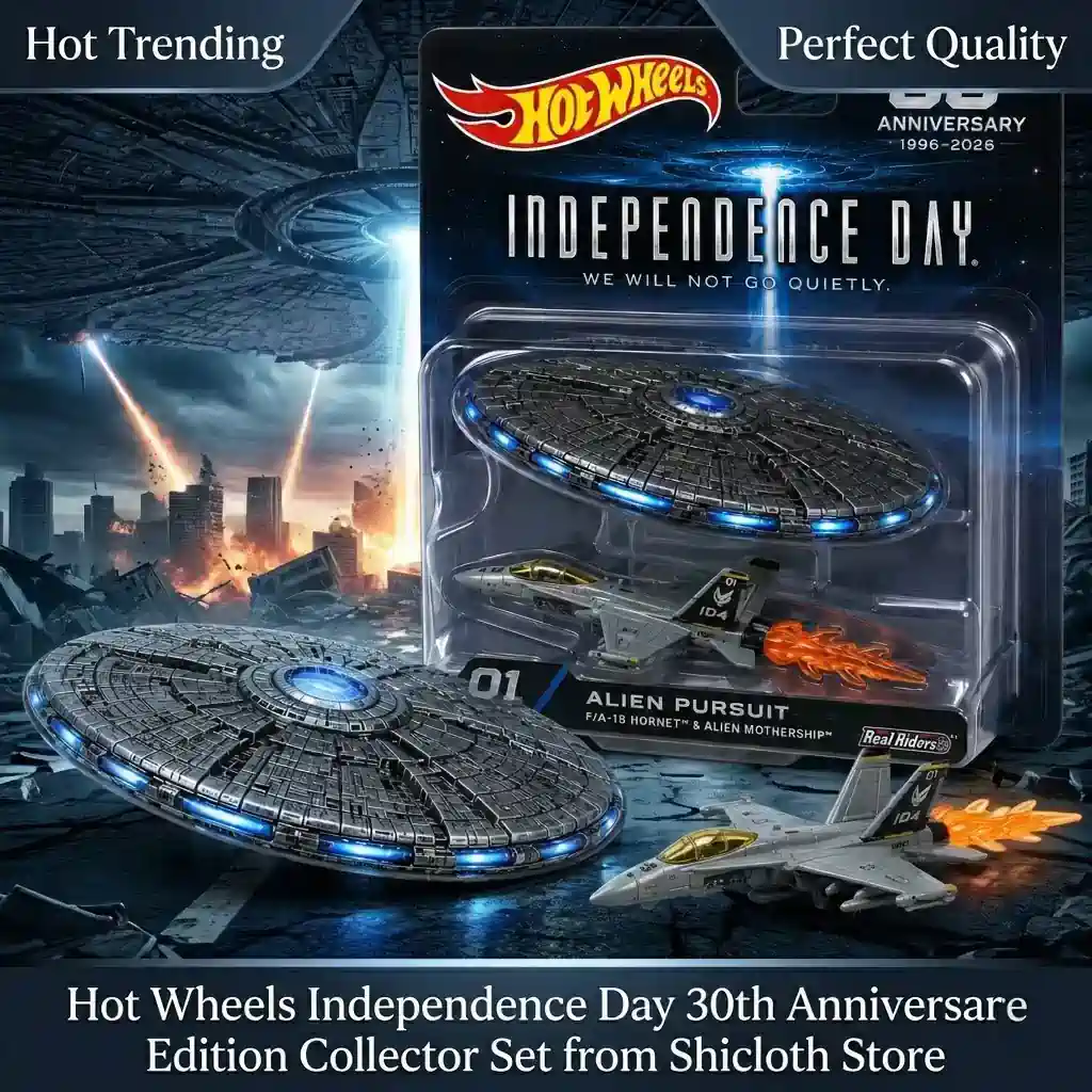 Dragon’s Hoard Coin & Key Tray 86 Hot Wheels Independence Day Alien Pursuit set with fighter jet and alien mothership on city battlefield.