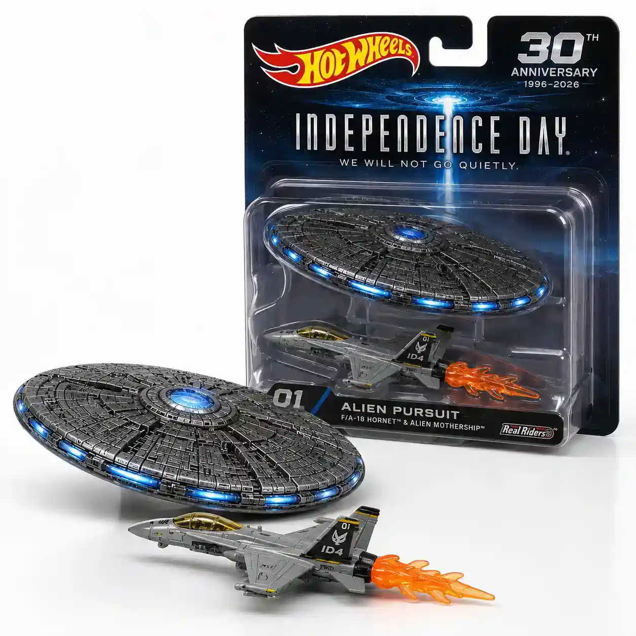 Hot Wheels Independence Day Alien Pursuit set with fighter jet and alien mothership on white background.