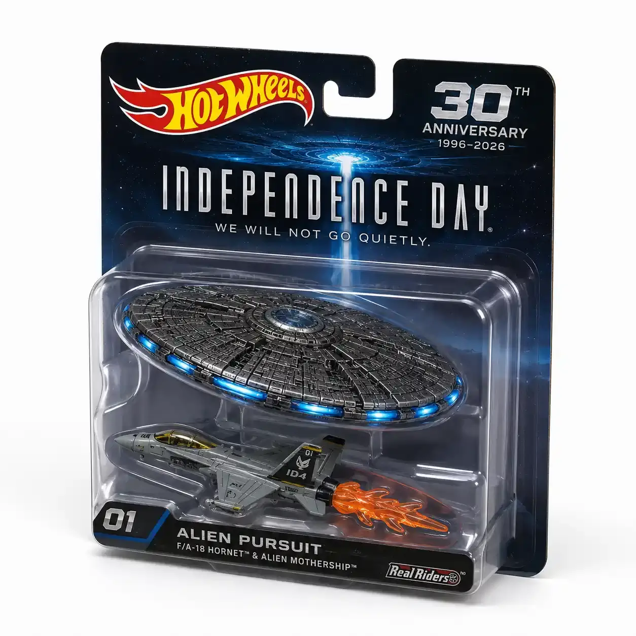 Hot Wheels Independence Day 30th Anniversary Edition Collector Set 3 Hot Wheels Independence Day Alien Pursuit set in packaging with fighter jet and alien mothership.