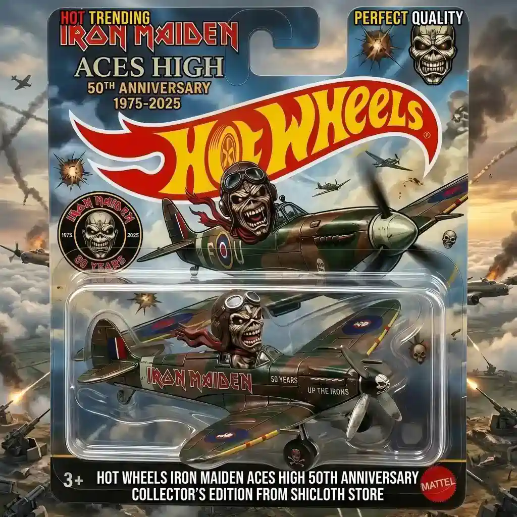 Dragon’s Hoard Coin & Key Tray 78 Hot Wheels Iron Maiden Aces High 50th Anniversary toy plane in packaging with Iron Maiden logo and Eddie pilot figure