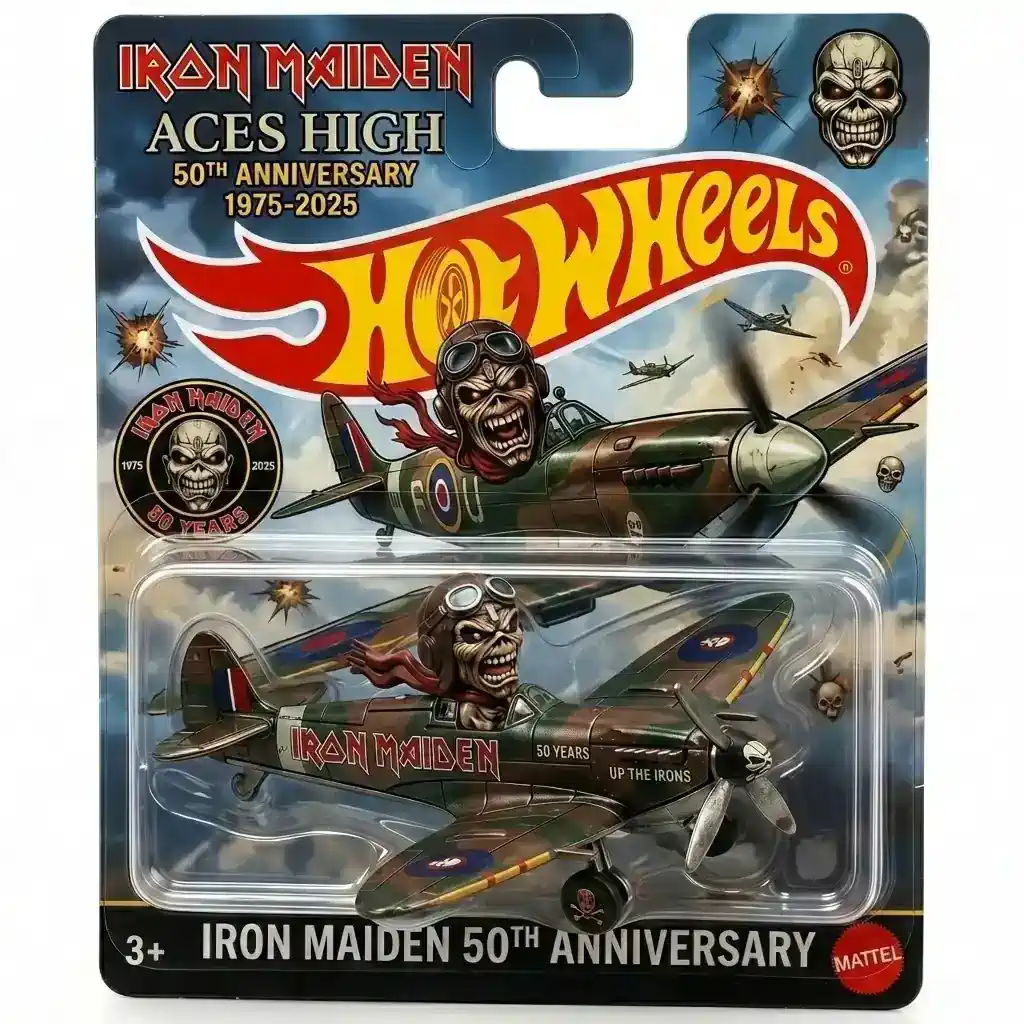 Hot Wheels Iron Maiden Aces High 50th Anniversary toy plane in alternate packaging with Eddie figure