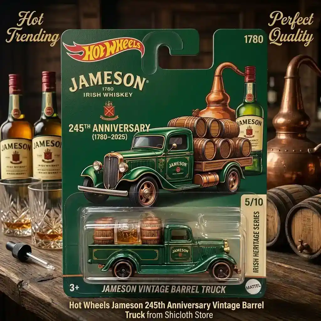 Green Hot Wheels Jameson vintage barrel truck in packaging with whiskey bottles in the background