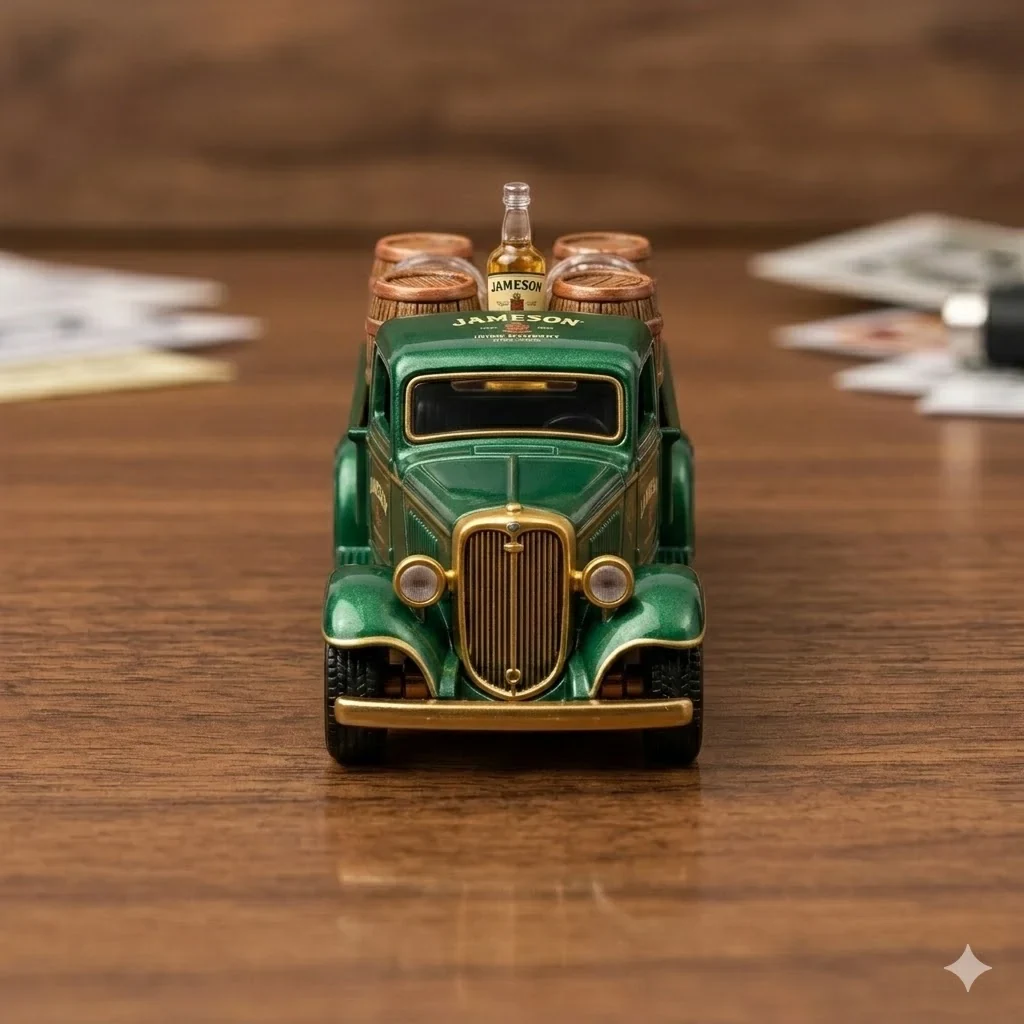 Front view of green Hot Wheels Jameson vintage barrel truck with barrels and whiskey bottle