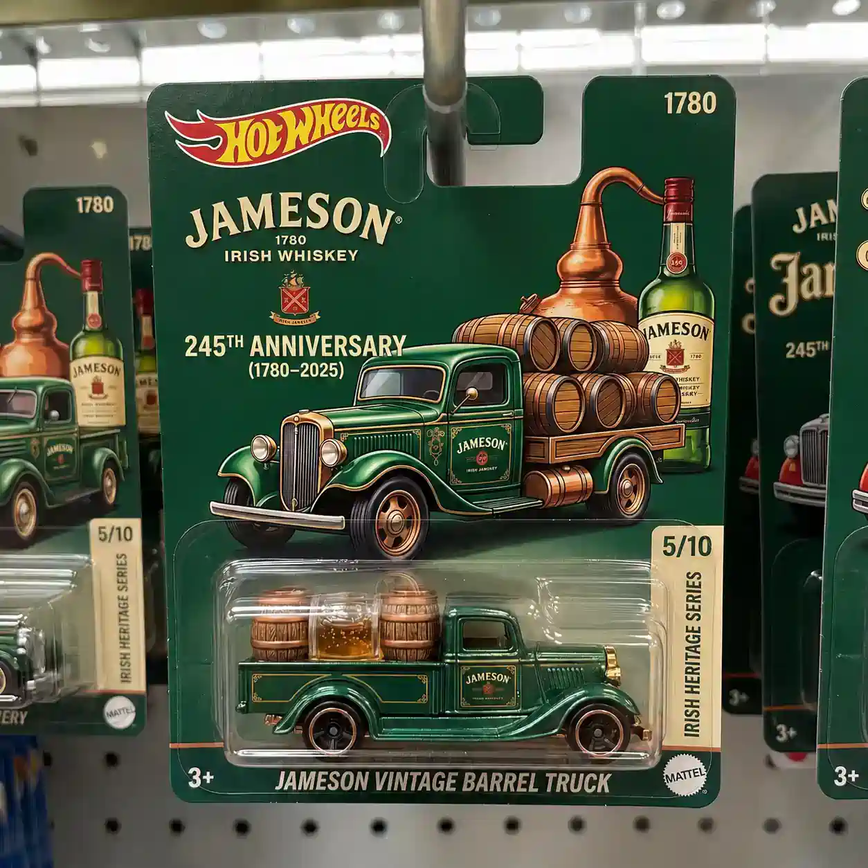 Hot Wheels Jameson 245th Anniversary Vintage Barrel Truck 3 Hot Wheels Jameson 245th Anniversary trucks on store shelf in packaging