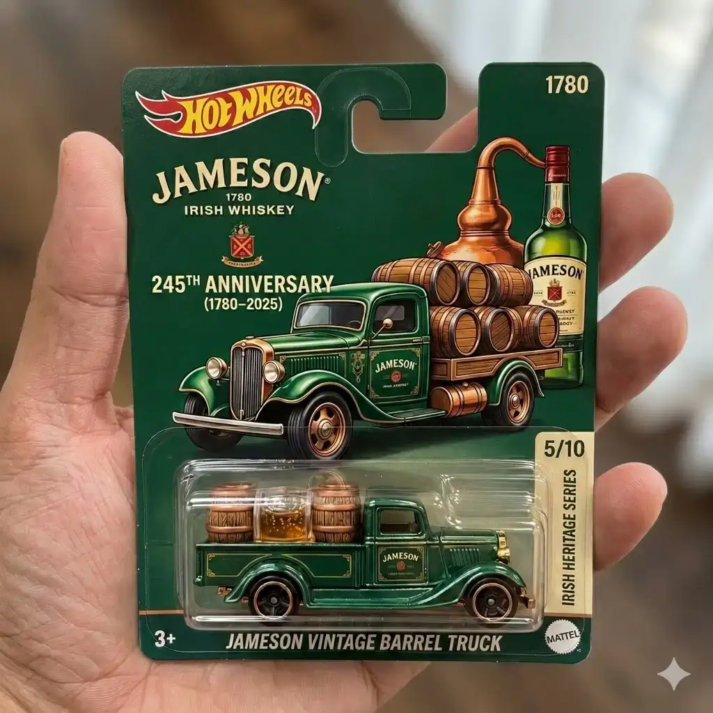 Hot Wheels Jameson 245th Anniversary Vintage Barrel Truck 4 Hand holding Hot Wheels Jameson 245th Anniversary Vintage Barrel Truck packaging