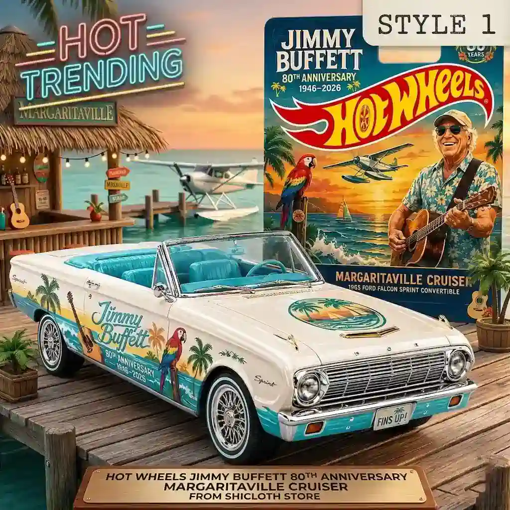 White Hot Wheels Jimmy Buffett 80th Anniversary Margaritaville Cruiser convertible on a tropical dock display