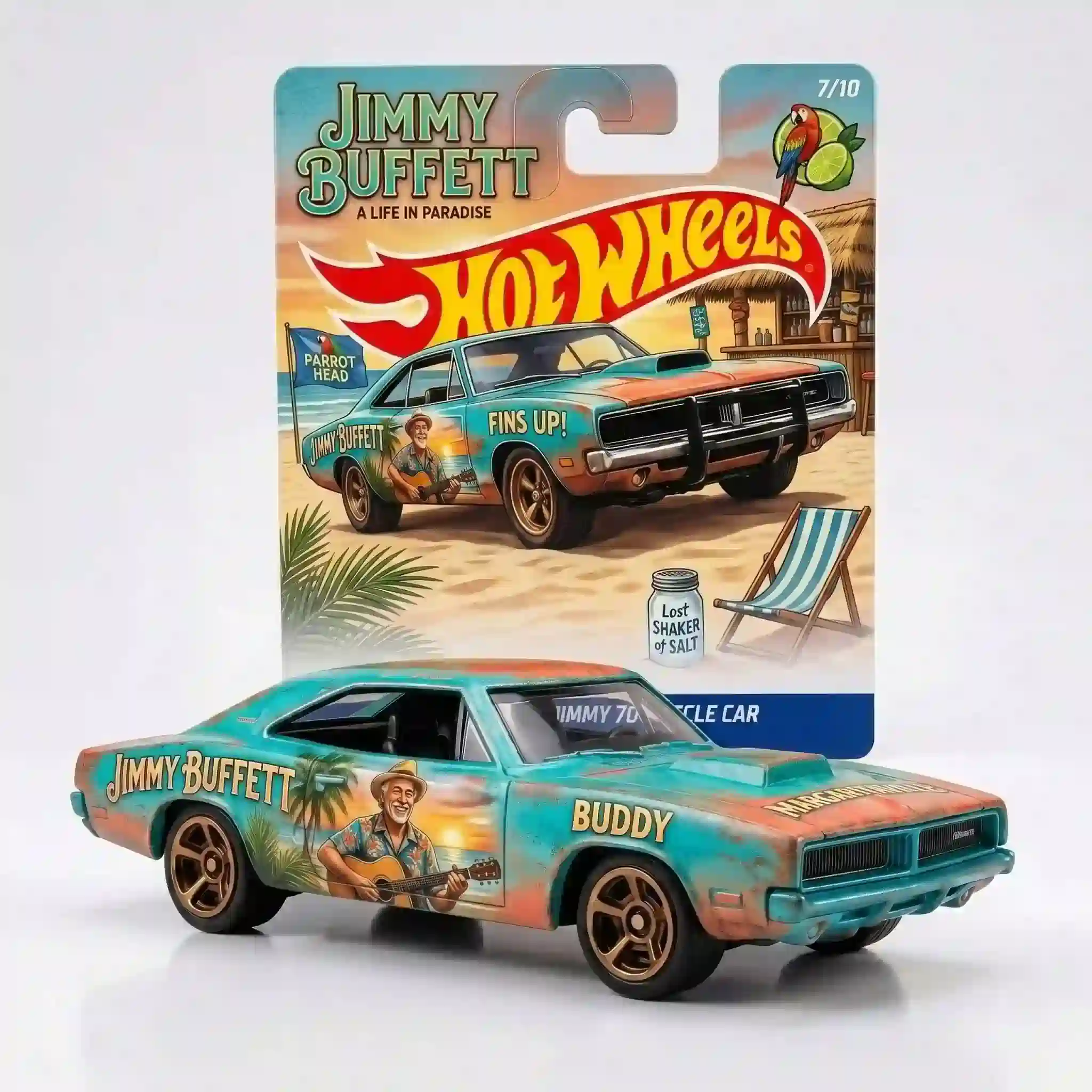 Blue Hot Wheels Jimmy Buffett 80th Anniversary Margaritaville Cruiser with beach backdrop and parrot figures