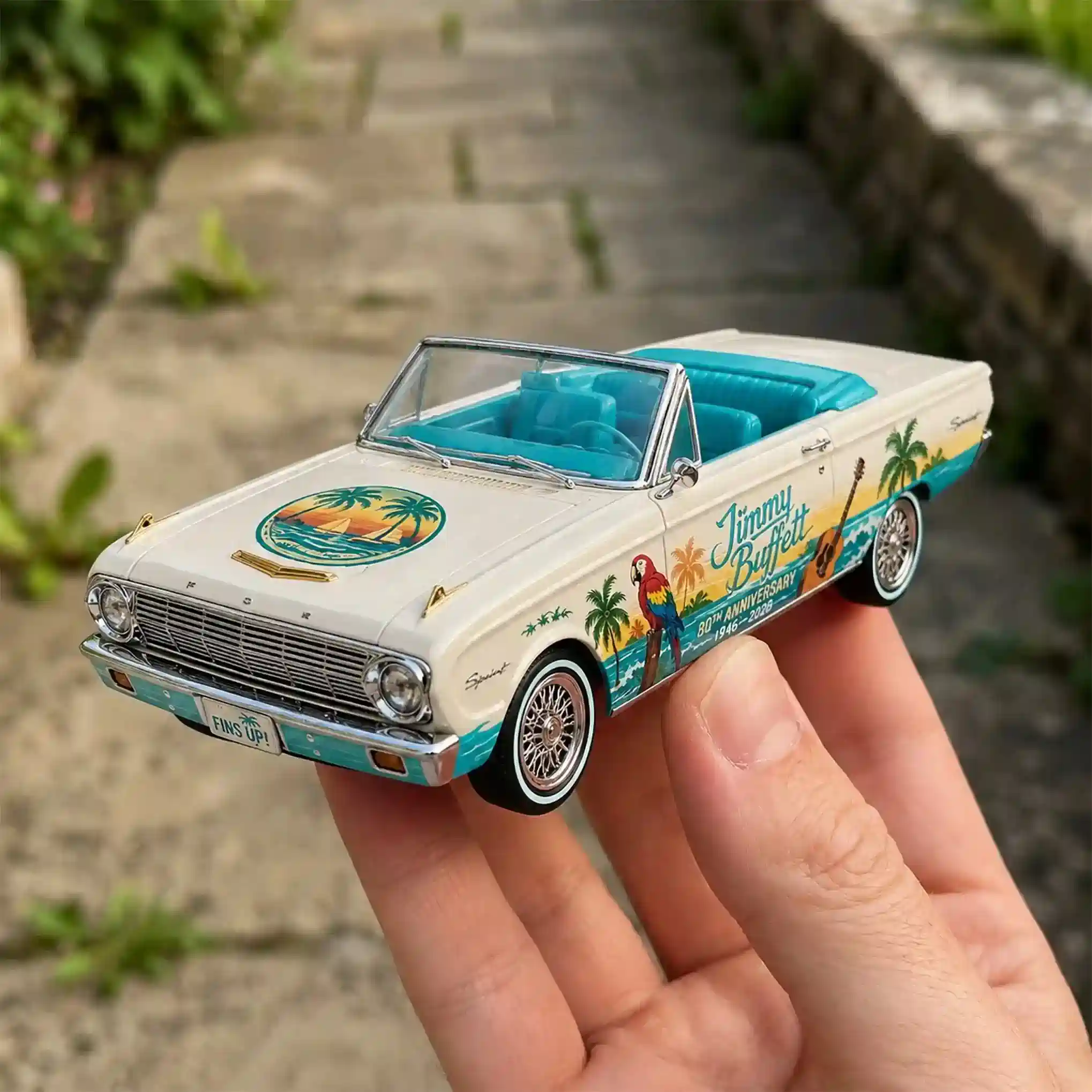 Hot Wheels Jimmy Buffett 80th Anniversary Margaritaville Cruiser 6 Close-up of Hot Wheels Jimmy Buffett 80th Anniversary Margaritaville Cruiser Style 2 packaging with beach theme