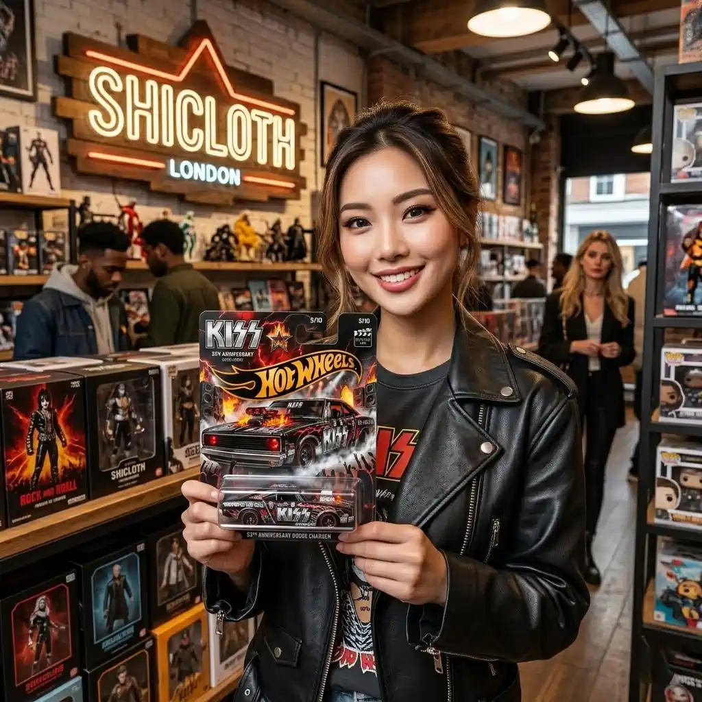 Woman holding a KISS-themed Hot Wheels car inside a retail shop
