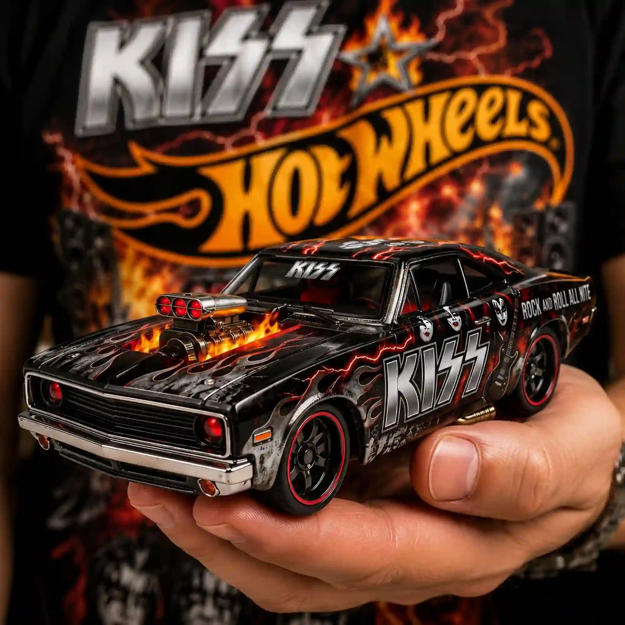 Hot Wheels KISS 53rd Anniversary Rock And Roll All Nite Die-Cast Muscle Car 3 A hand holding a custom Hot Wheels diecast muscle car featuring KISS rock band branding.