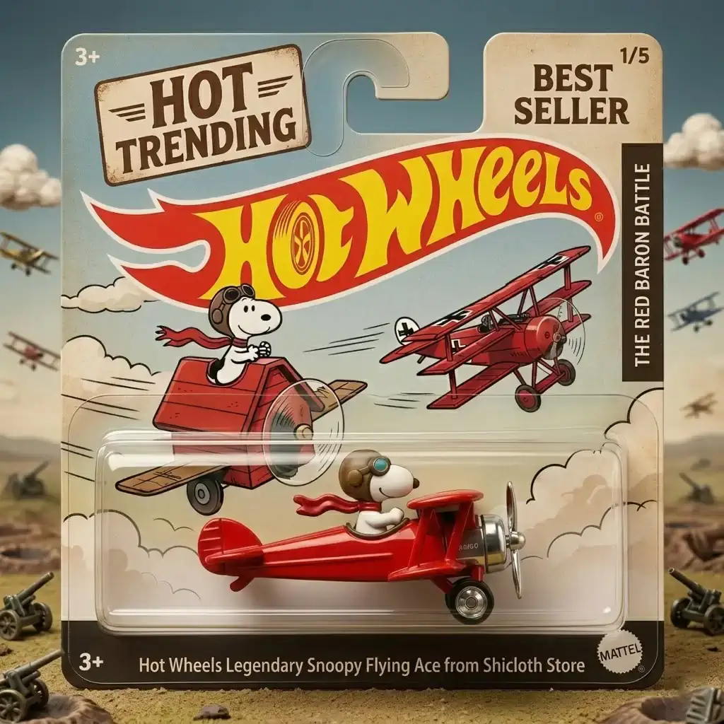 Hot Wheels Legendary Snoopy Flying Ace toy in packaging showing Snoopy in red plane with Red Baron illustration