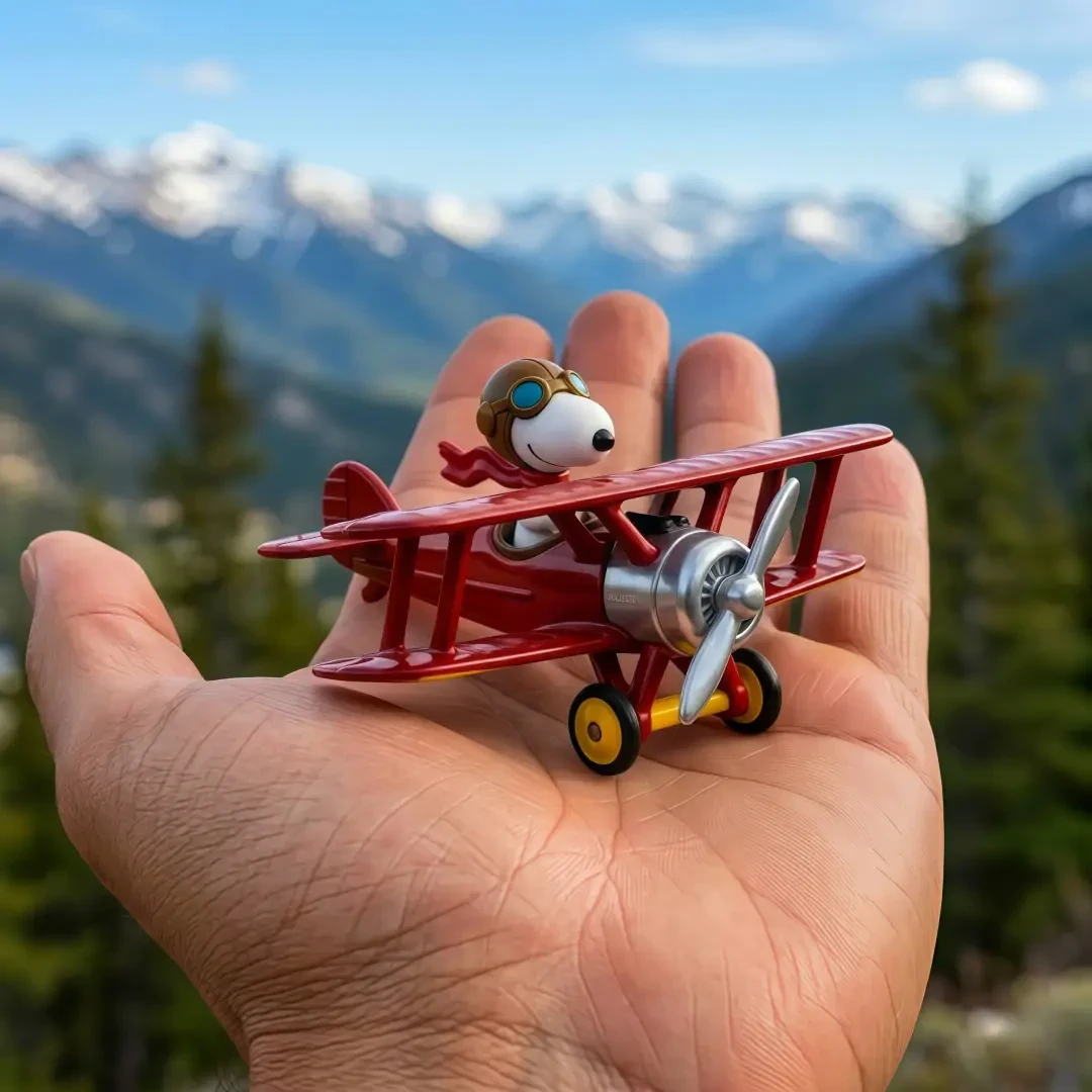 Hot Wheels Snoopy Flying Ace toy held in hand outdoors with mountains in background