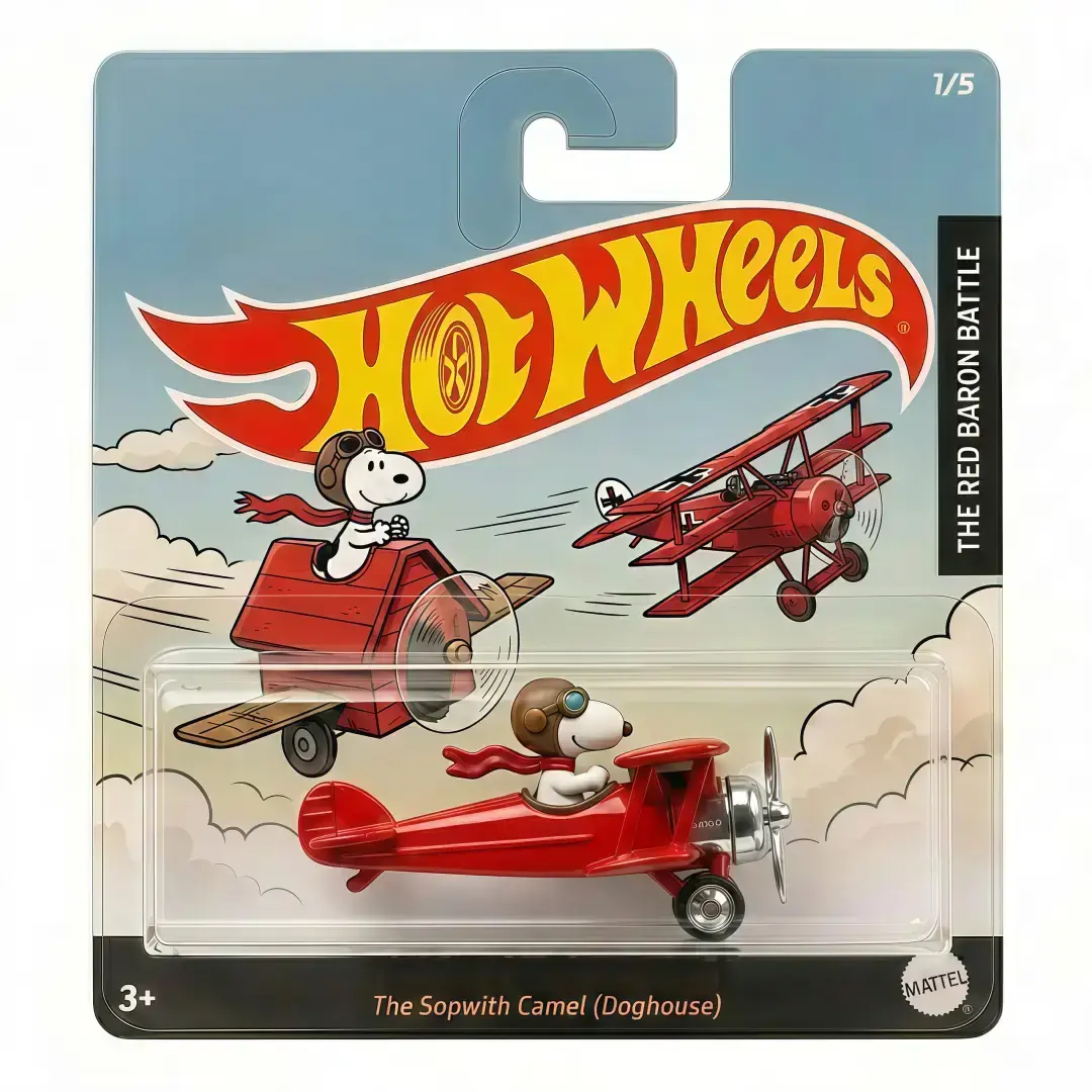 Hot Wheels Legendary Snoopy Flying Ace 3 Hot Wheels The Sopwith Camel Doghouse Snoopy toy in packaging showing Snoopy in red biplane