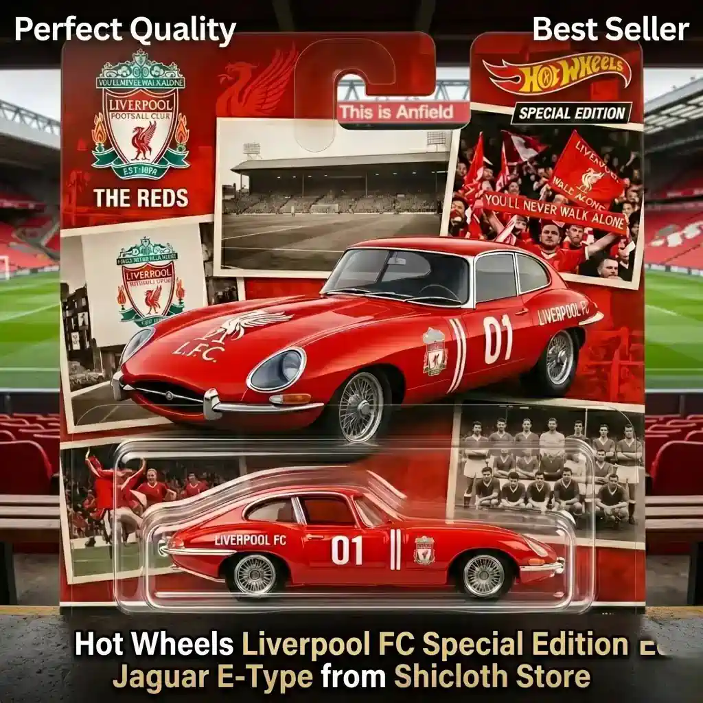 Red Hot Wheels Jaguar E-Type Liverpool FC edition in packaging with Liverpool logos and fans