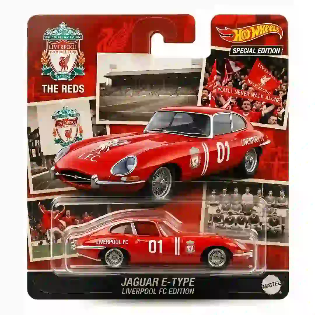 Full view of Hot Wheels Liverpool FC Jaguar E-Type packaging showing car and club themed images