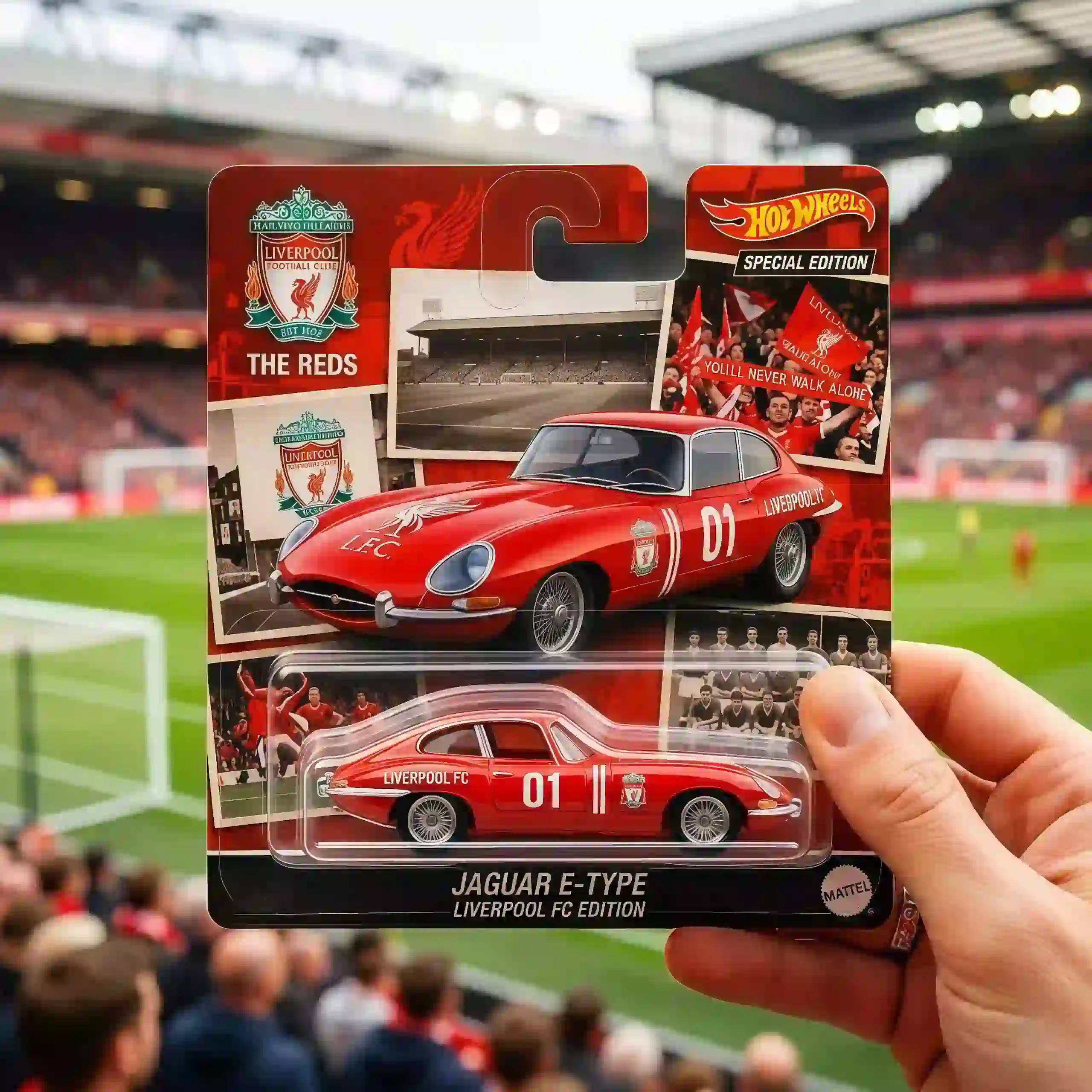 Hot Wheels Liverpool FC Special Edition Jaguar E-Type 3 Person holding Hot Wheels Liverpool FC Jaguar E-Type in packaging inside a stadium