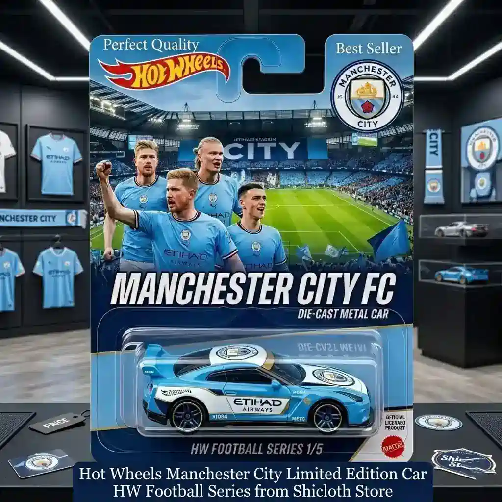 Hot Wheels Manchester City die cast car in packaging showing players and stadium