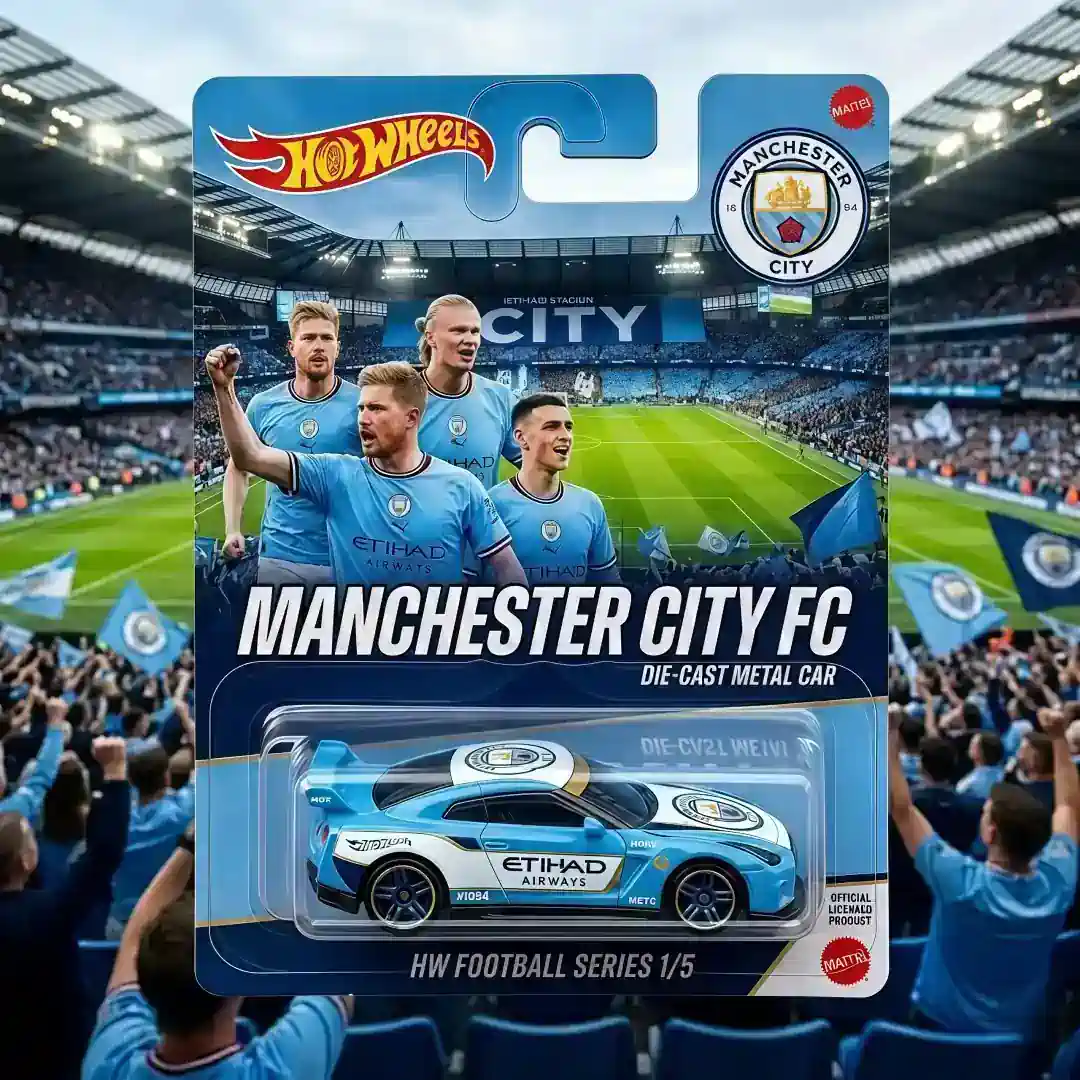 Hot Wheels Manchester City die cast car with stadium full of fans background