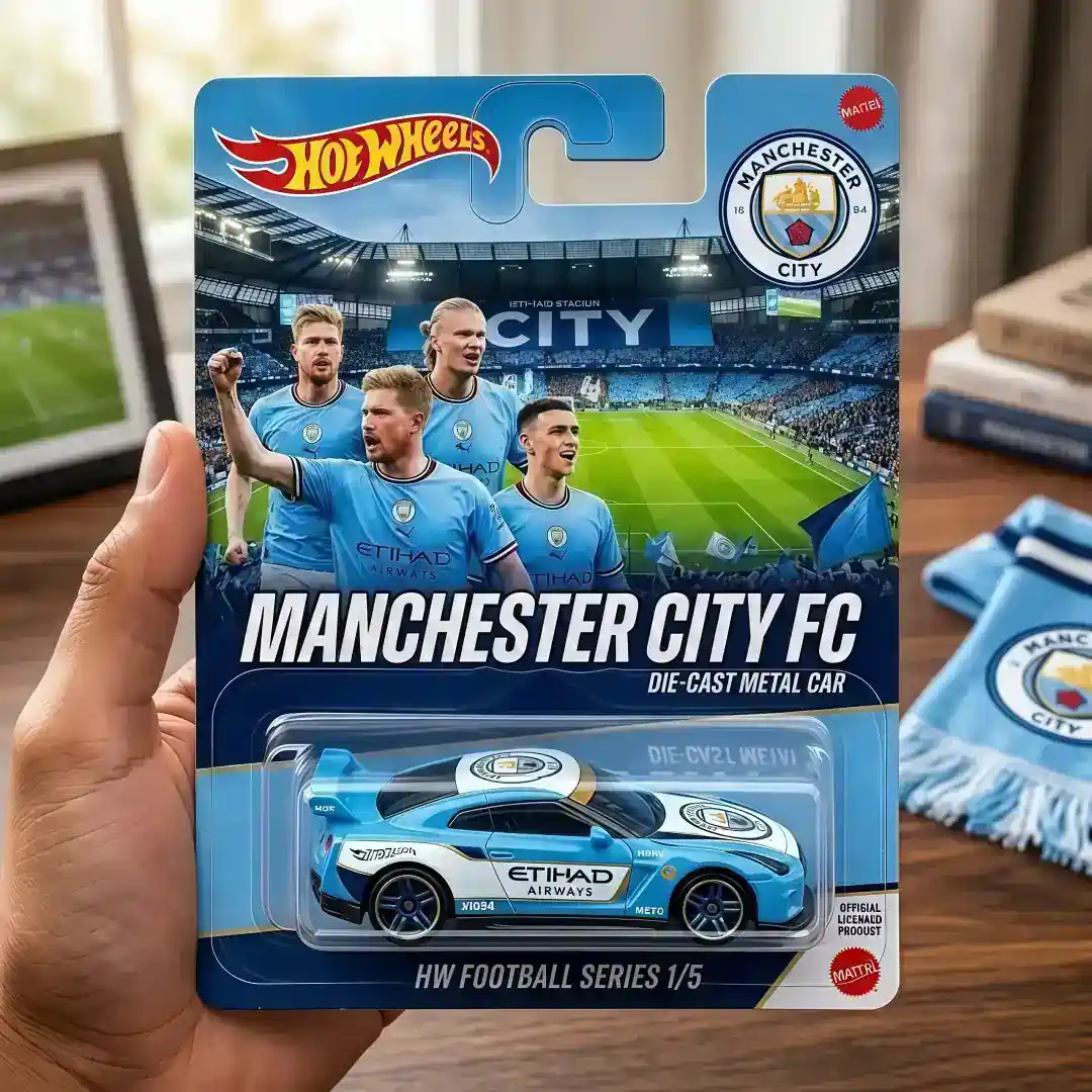 Hot Wheels Manchester City Limited Edition Car HW Football Series 3 Hand holding Hot Wheels Manchester City die cast car showing details