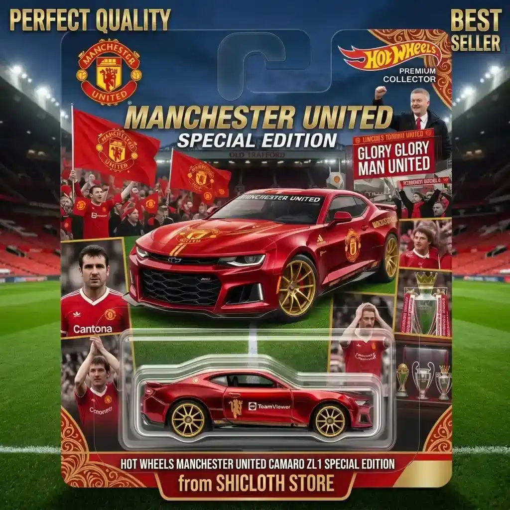 Hot Wheels Manchester United Camaro ZL1 special edition packaging showing red car and Manchester United branding