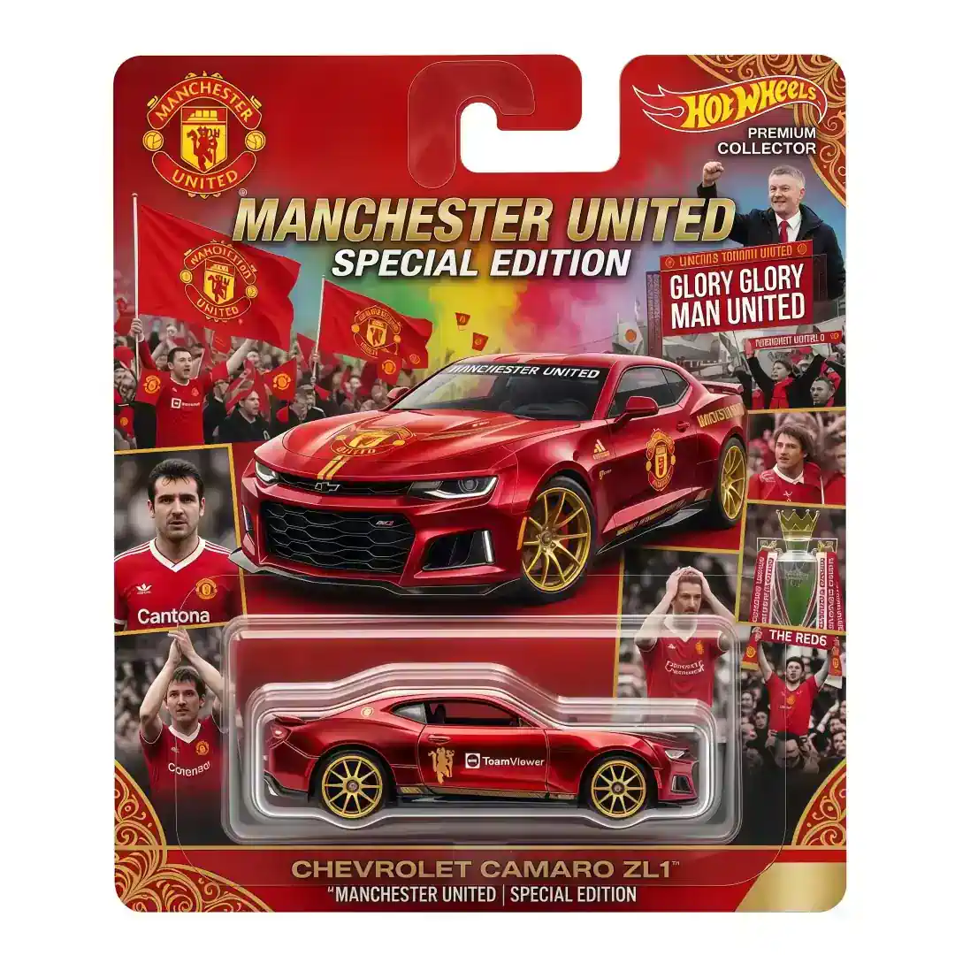 Close up of Hot Wheels Manchester United Camaro ZL1 special edition car in packaging with detailed logos