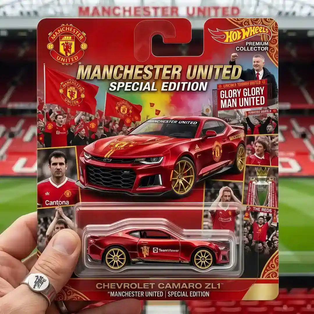 Hot Wheels Manchester United Camaro ZL1 Special Edition 3 Hand holding Hot Wheels Manchester United Camaro ZL1 special edition with stadium background