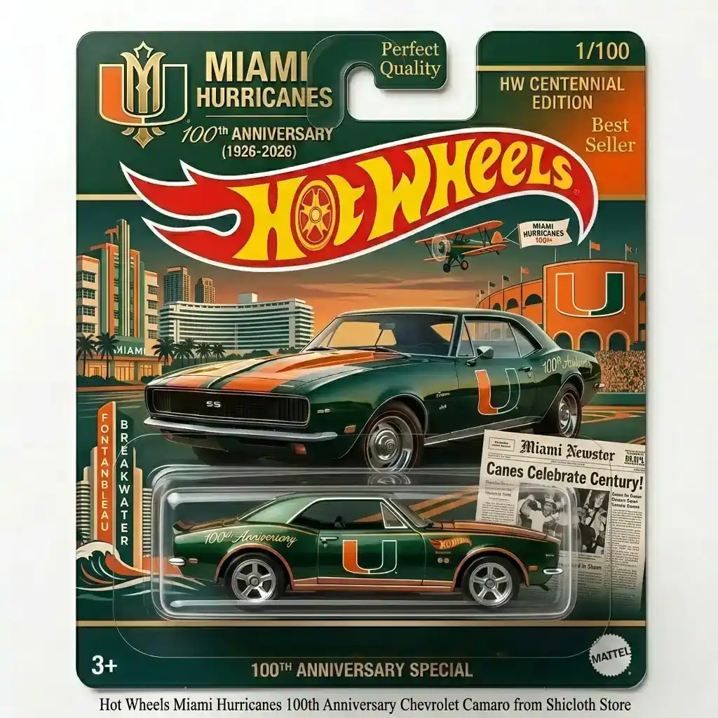 Dragon’s Hoard Coin & Key Tray 96 Hot Wheels Miami Hurricanes 100th Anniversary Chevrolet Camaro toy in packaging showing Miami city background!