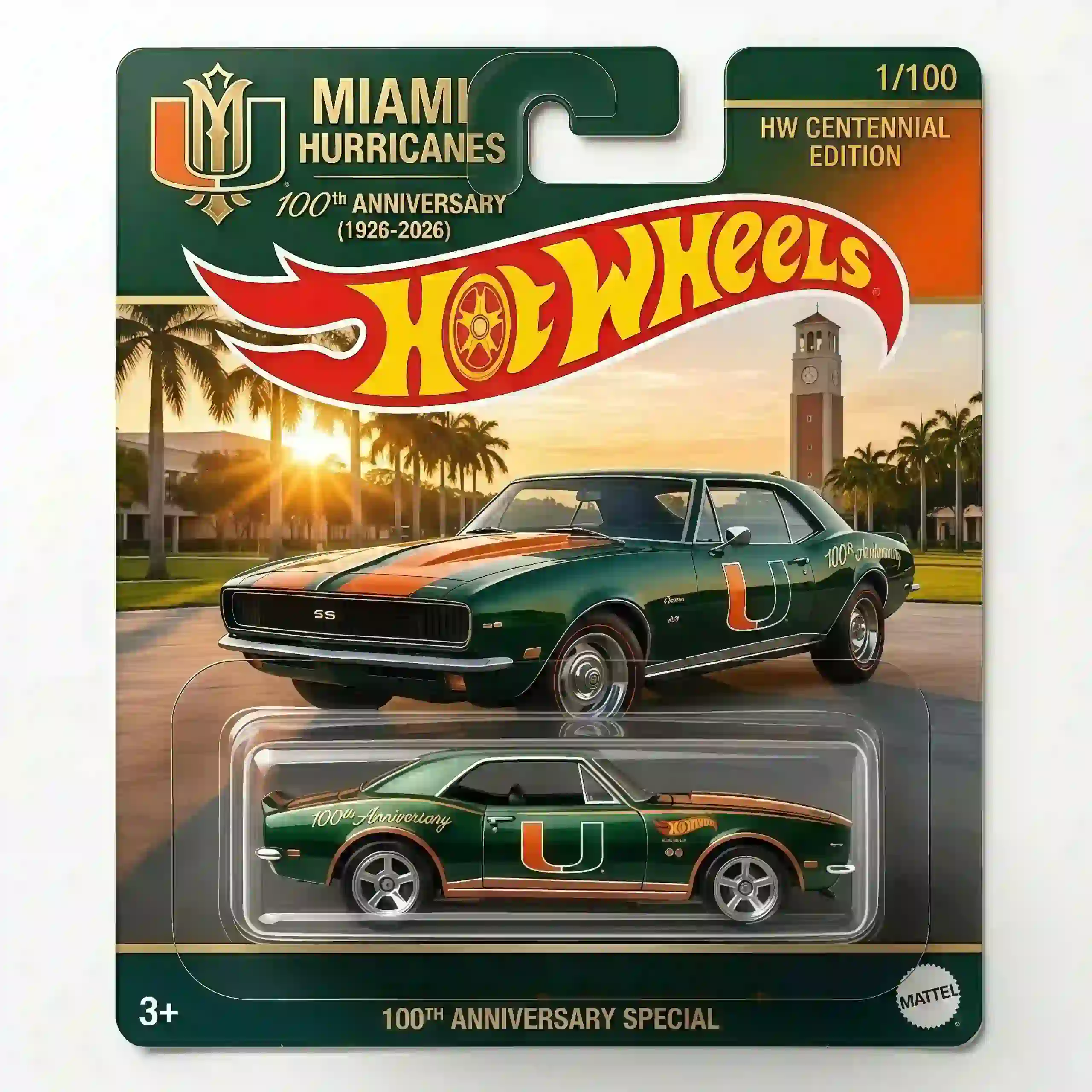 Close-up view of Hot Wheels Miami Hurricanes 100th Anniversary Chevrolet Camaro packaging with sunset background!