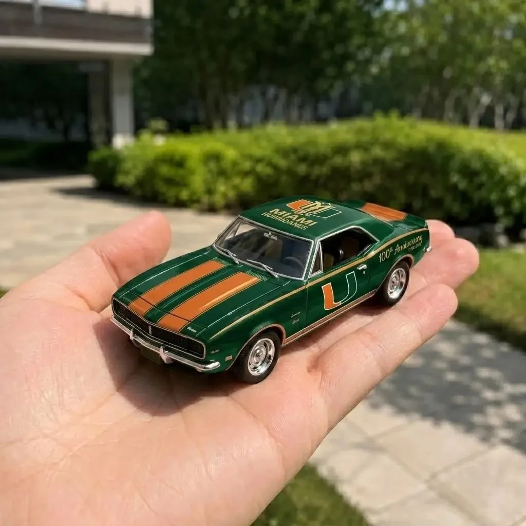 Hot Wheels Miami Hurricanes 100th Anniversary Chevrolet Camaro 3 Hand holding Hot Wheels Miami Hurricanes 100th Anniversary Chevrolet Camaro toy outdoors!