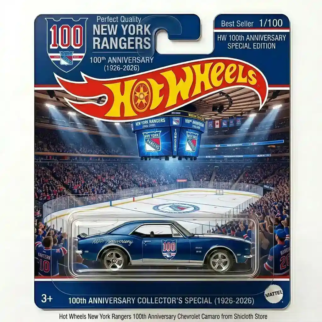 Dragon’s Hoard Coin & Key Tray 88 Hot Wheels New York Rangers 100th Anniversary Chevrolet Camaro in front of Madison Square Garden arena background