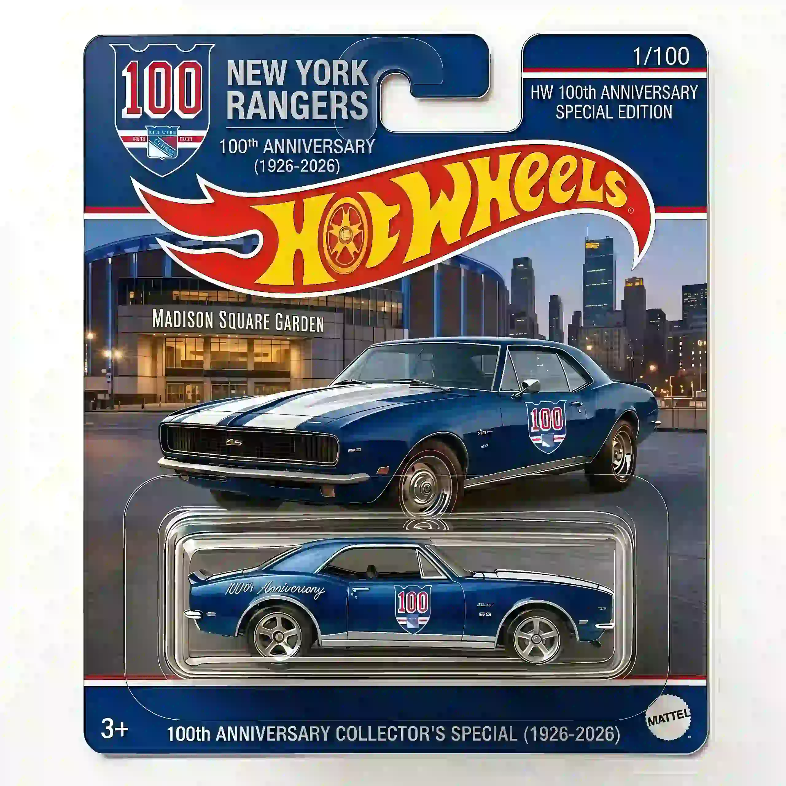 Hot Wheels New York Rangers 100th Anniversary Chevrolet Camaro close-up packaging with city skyline