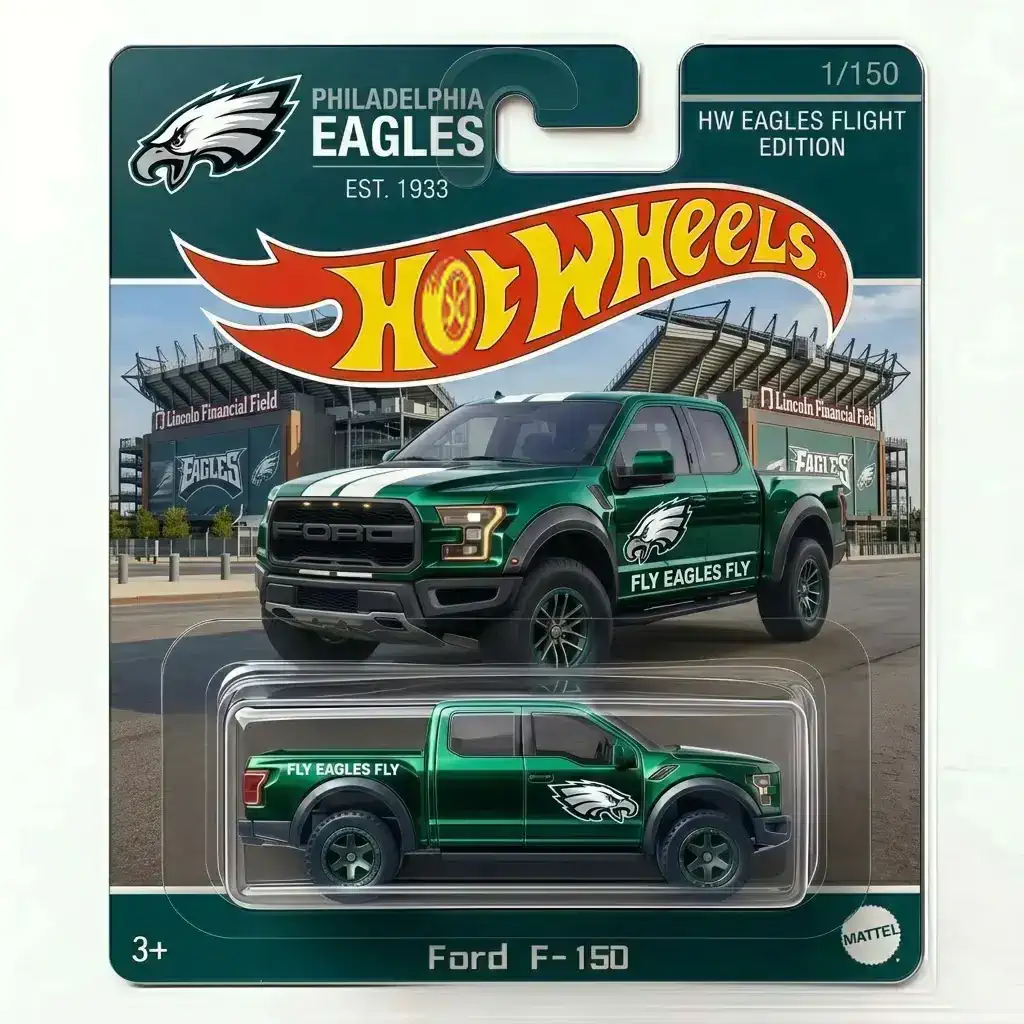 Hot Wheels Philadelphia Eagles Ford F-150 toy truck with Lincoln Financial Field background